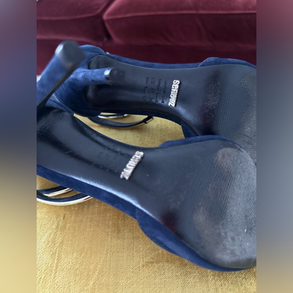 Schutz Sandalia Salto Alto Nobuck Sailfish heels navy/gold size 8 with box - Picture 14 of 16